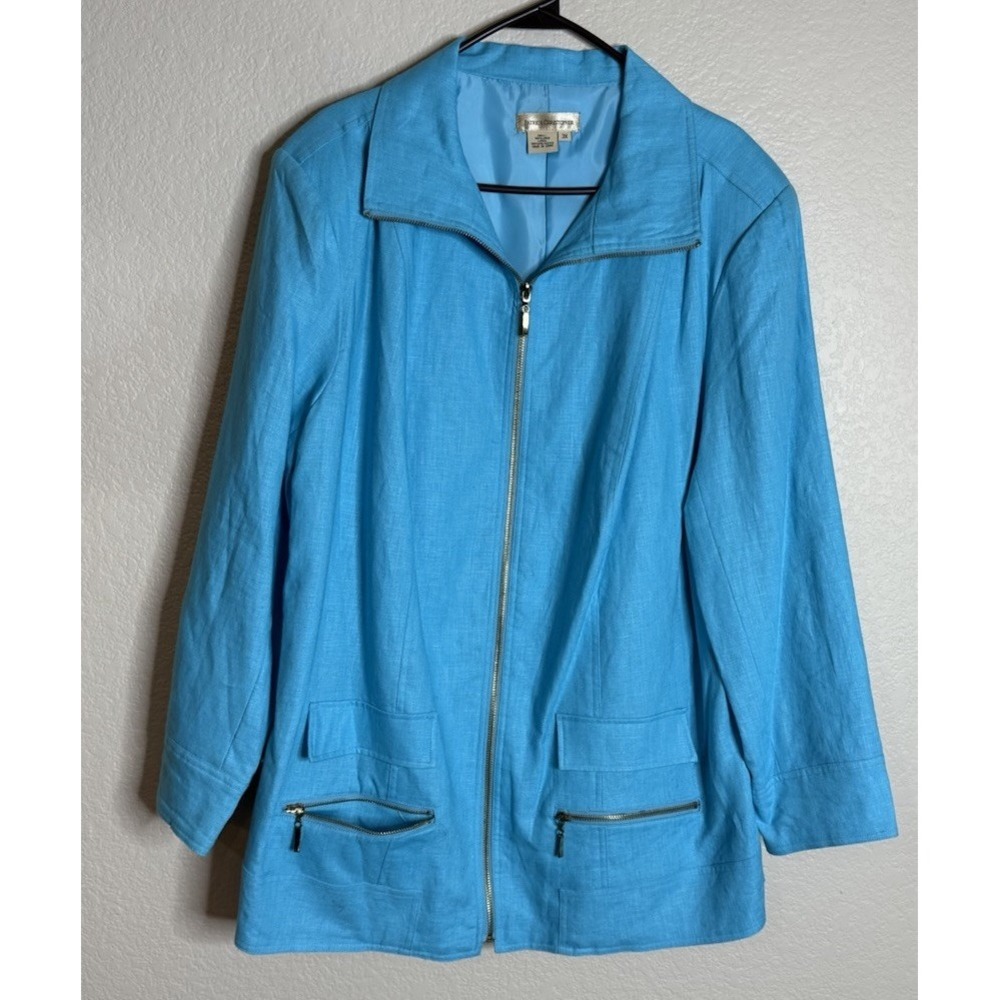 Patrick Christopher Womens 3X Blue Turquoise Linen Full Zip Jacket‎ Coat Pockets